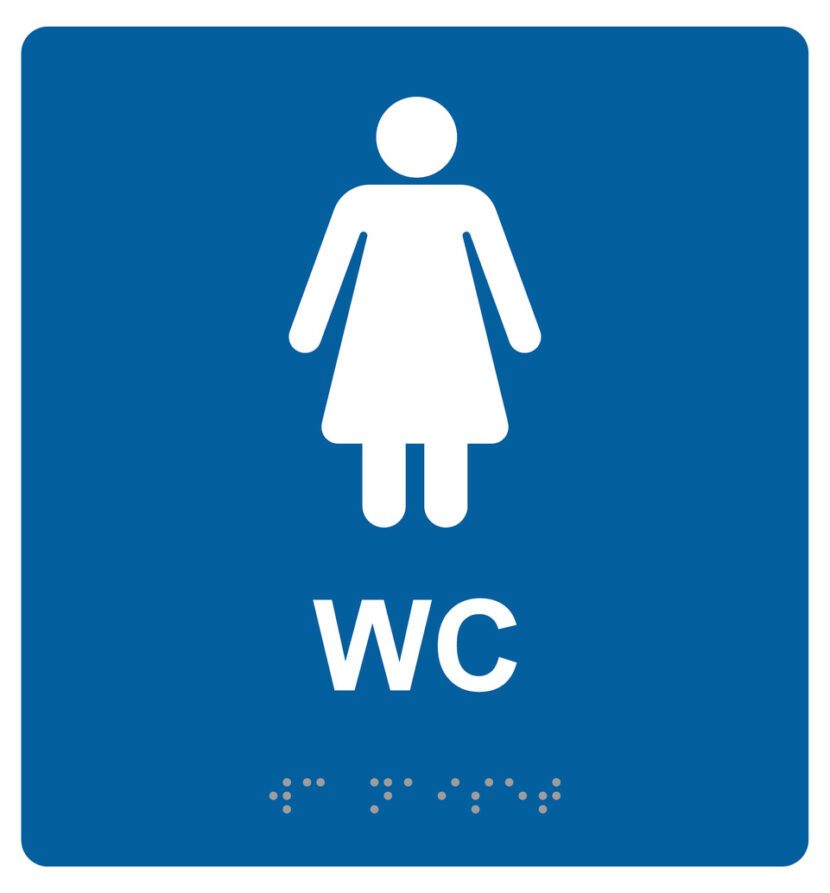 Sininen kyltti, nais-symboli, teksti "WC" ja pistekirjoitusta.