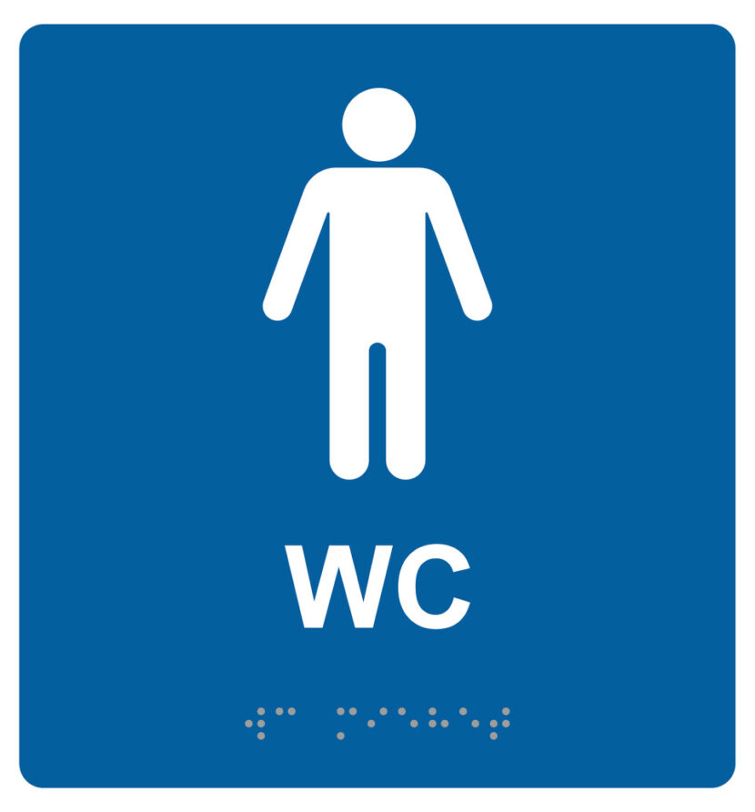Sininen kyltti, mies-symboli, teksti "WC" ja pistekirjoitusta.