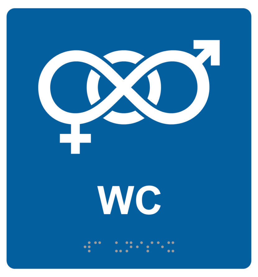 Sininen kyltti, unisex-symboli, teksti "WC" ja pistekirjoitusta.
