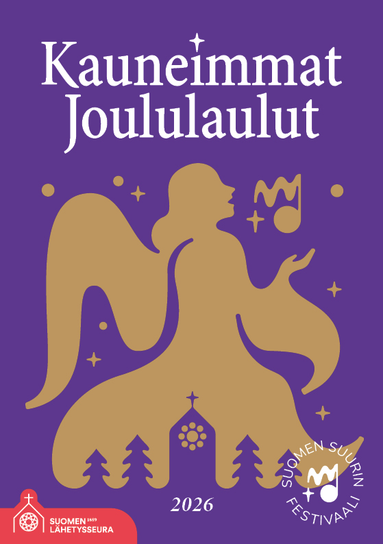 Kauneimmat joululaulut 2026 -vihkon kansi: kullan värinen enkelin siluetti violetilla taustalla.